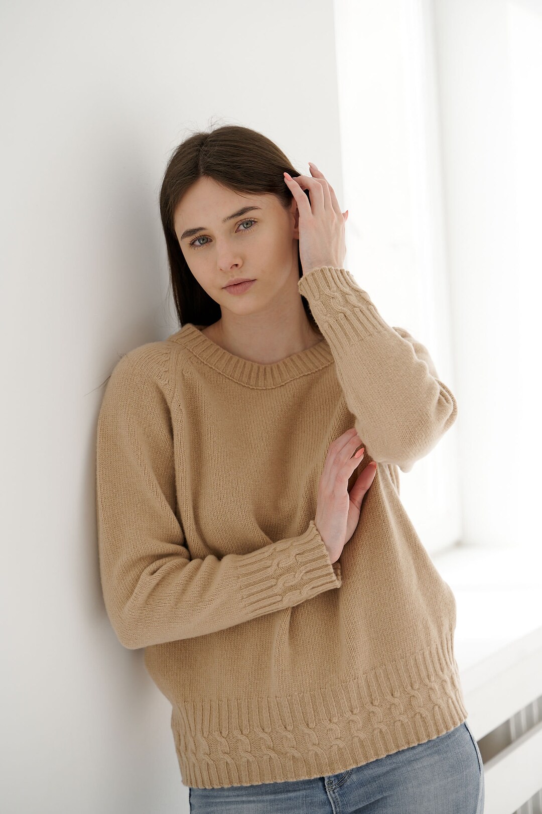 Women's Classic Sweater Merino Wool With Cashmere Crewneck Beige