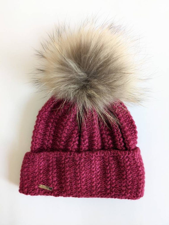 Purple Chunky Knit 95% Cashmere 5% Merino Wool Hat with Extra Large Raccoon Pom Lilac knit beanie hat with raccoon pom pom: FurHatWorld main image 3