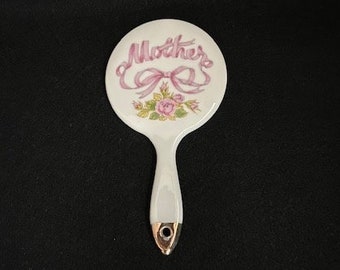 Vintage Enesco Small Hand Held Mirror with "Mother" and a Pink Ribbon and Roses - Japan