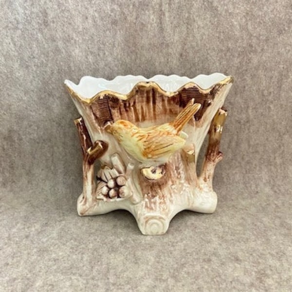 Vintage Ucagco Ceramics Bird on Tree Trunk Vase / Planter - Japan