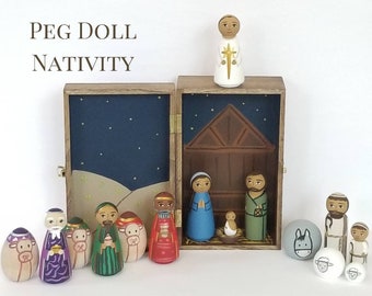 Peg Doll Nativity - Peg Dolls, Nativity Peg Dolls, Christmas Peg Dolls, Holy Family Nativity Peg Dolls