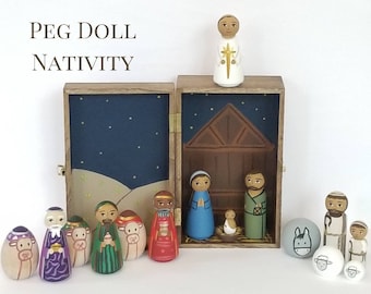 Peg Doll Nativity - Peg Dolls, Nativity Peg Dolls, Christmas Peg Dolls, Holy Family Nativity Peg Dolls