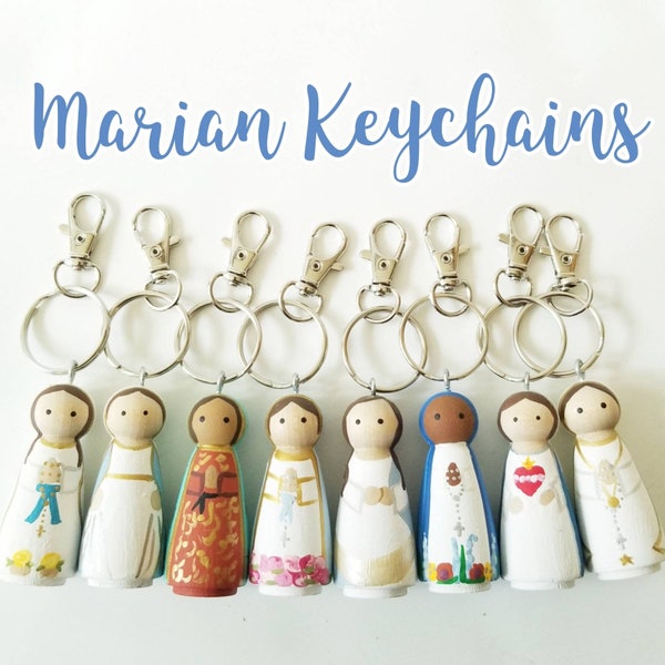 Marian Peg Doll Keychain, Catholic Gifts, Baptism, Confirmation, Saint Peg Dolls