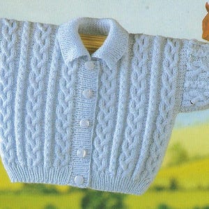 May include: A light blue, cable-knit cardigan with a collared neckline and button closure. The sweater is displayed on a wooden rod, with a small, orange squirrel perched on the right sleeve. The background features a green and yellow landscape.