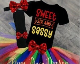 6th Birthday, Girls sixth, Rainbow birthday, Sweet Six Sassy, Birthday Tutu, Birthday Outfit, Girl Birthday, Girl birthday top, Rainbow tutu