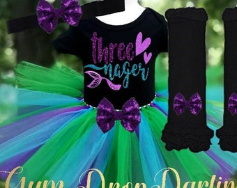 Cumpleaños de sirena. Tutú de sirena, 3er cumpleaños, camisa de sirena, tercer cumpleaños, threenager, traje de cumpleañera, aqua púrpura, traje de sirena