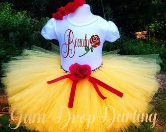 Belle Birthdya, Belle Costume, Belle tutu, Beauty Beast, Beauty costume, yellow tutu, belle rose, Disney inspired birthday, rose headband