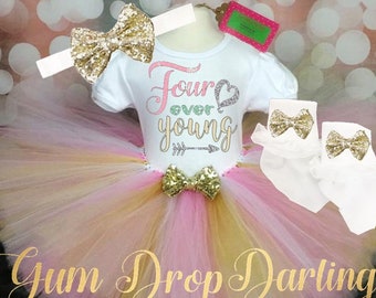 4th Birthday Outfit, 4th Birthday Top, 4th Birthday Tutu, Pink gold tutu, pink gold birthday, Four ever Young, Fourth Birthday