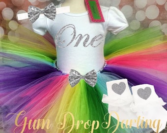 Birthday Tutu Outfit, Birthday Outfit, First Birthday top, Rainbow tutu, colorful tutu, Birthday bodysuit, Any age and size!