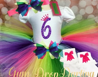Birthday colorful Rainbow personalized Any age girl baby toddler youth Party Tutu Outfit! Matching bow & socks! Plain or glitter top!