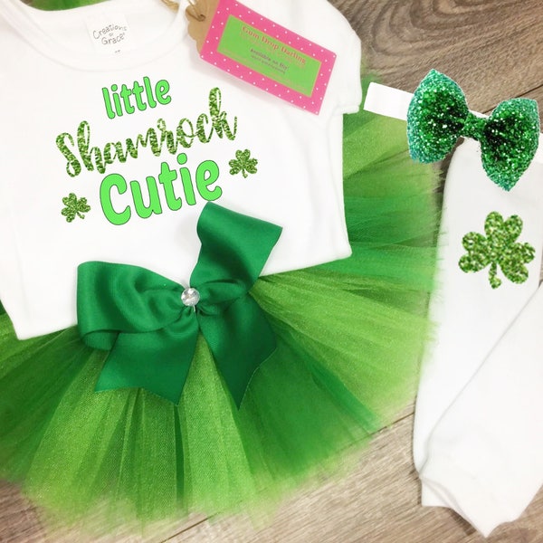 St. Patrick's Day Shamrrock Cutie green tulle Baby girl Toddler Tutu Skirt Outfit! Top Bodysuit shamrock leggings! Plain or Glitter!