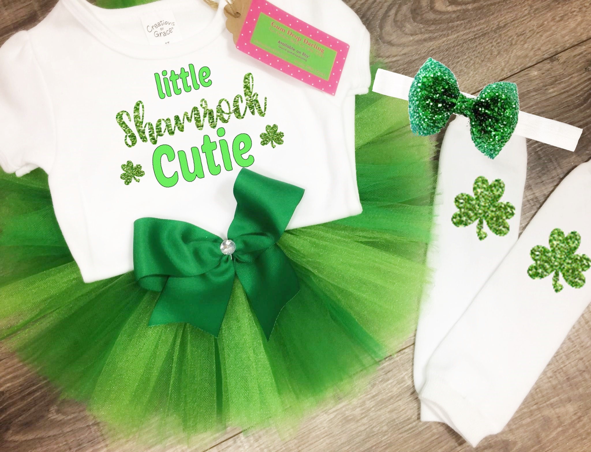 gumdropdarling St. Patrick's Day Shamrrock Cutie Green Tulle Baby Girl Toddler Tutu Skirt Outfit! Top Bodysuit Shamrock Leggings! Plain or Glitter!