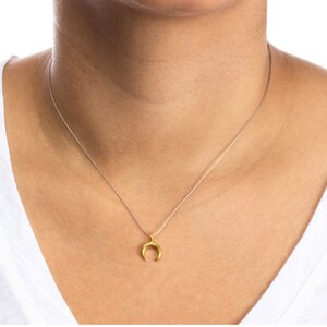 Op de afbeelding: Een gouden halve maan hanger ketting op een dunne zilveren ketting.