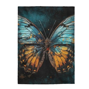 Blue and Orange Butterfly Velveteen Plush Blanket