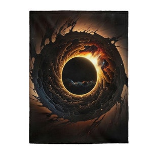 May include: A digital art print of a black hole with a bright orange glow around it, set against a dark background with stars.