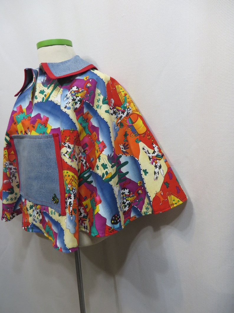 Retro Poncho Southwest Horses Festival 80s Cotton Fabric Hand Made Upcycled Denim All Vintage Materials Caplet Cape Childrens Kids Unisex