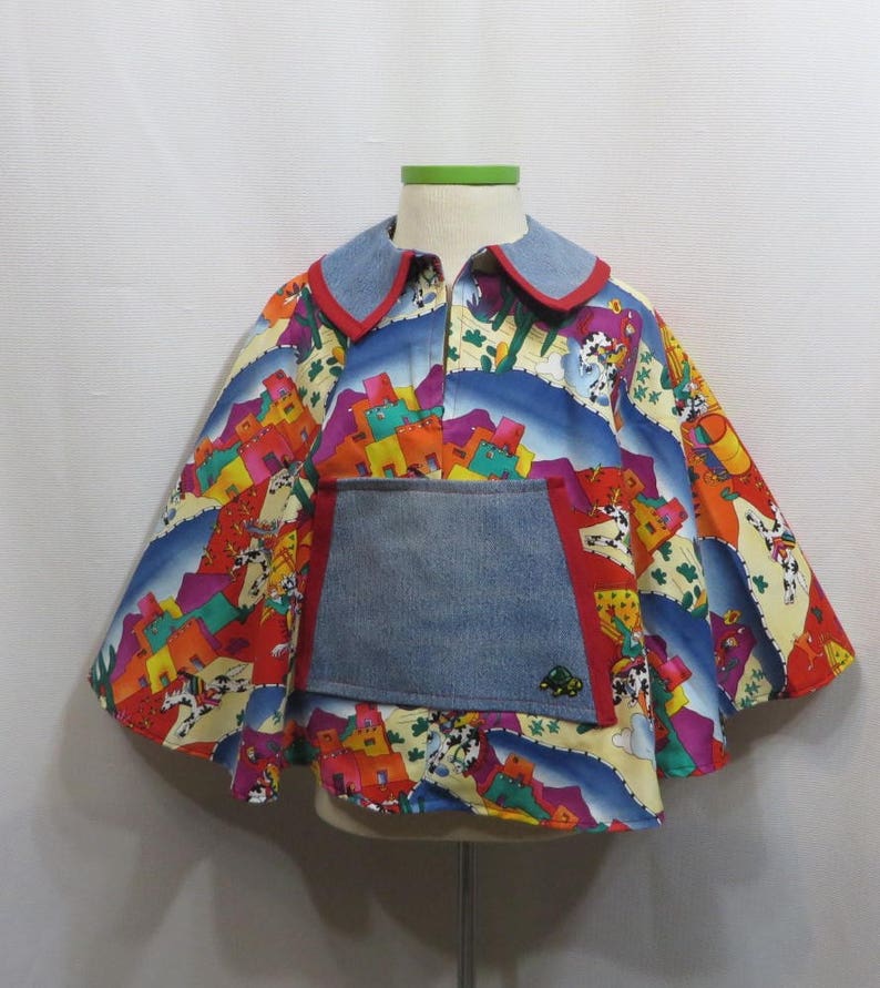 Retro Poncho Southwest Horses Festival 80s Cotton Fabric Hand Made Upcycled Denim All Vintage Materials Caplet Cape Childrens Kids Unisex