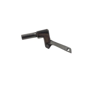 May include: A small, metallic, angled component with a cylindrical rod extending from a right-angled section. A flat, elongated piece with a circular hole is attached to the angled section. The object is silver-colored and appears to be made of metal.