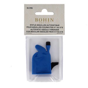 May include: A blue Bohin automatic needle threader for regular needles, packaged in a clear plastic container. The packaging includes the text "BOHIN FRANCE" and "AUTOMATIC NEEDLE THREADER FOR REGULAR NEEDLES FROM N°1TO N°9".