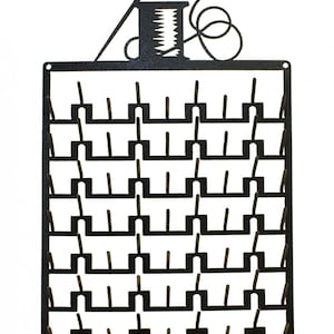May include: Black metal thread holder with a spool of thread and needle design at the top. The holder has 48 slots for storing thread spools.