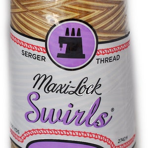 May include: A spool of brown and beige Maxi-Lock Swirls decorative spun polyester serger thread. The spool has a purple label with a sewing machine graphic and the text "Maxi-Lock Swirls" and "Decorative Spun Polyester".