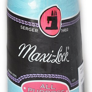 May include: A spool of light blue Maxi-Lock serger thread. The spool is labeled "All Purpose Spun Polyester" and has a 3000 yard capacity.