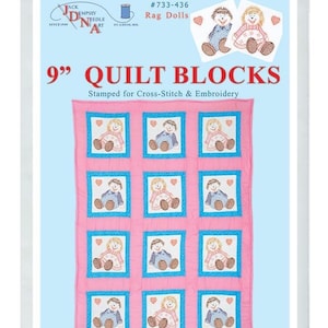 May include: A pack of 12, 9-inch by 9-inch quilt blocks featuring a cross-stitch and embroidery design of rag dolls. The blocks are made of cotton and poly broadcloth and are stamped for easy to follow instructions. The pack is labeled "#733-436 Rag Dolls 9" Quilt Blocks".
