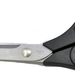 May include: A pair of large, silver scissors with black handles. The blades are sharp and pointed, and the handles have large finger holes for easy gripping. The scissors are designed for cutting fabric or other materials.