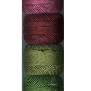 Può includere: Sei bobine di filo da ricamo in un sacchetto di plastica trasparente. Le bobine sono disposte verticalmente, con la bobina superiore rosa, seguita da un rosa più scuro, poi da un bordeaux, poi da un verde chiaro, poi da un verde scuro e infine da un verde scuro.