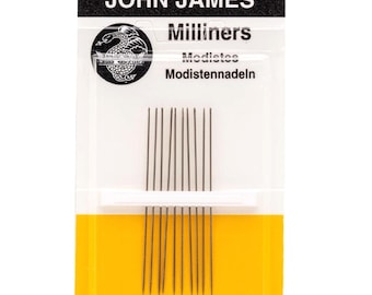Könnte beinhalten: Eine Packung John James Milliners Nadeln, Größe 11, mit 10 Nadeln. Die Verpackung ist gelb und weiß, mit dem Markennamen und der Nadelart. Der Text "Made in England" ist ebenfalls sichtbar.