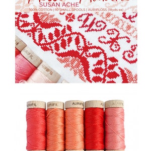 May include: Image features a cross-stitch design with the text "Rosso Rubino" and spools of Aurifil thread in shades of red and pink. The text on the spools reads "Made in Italy". The image also includes the text "SUSAN ACHE".