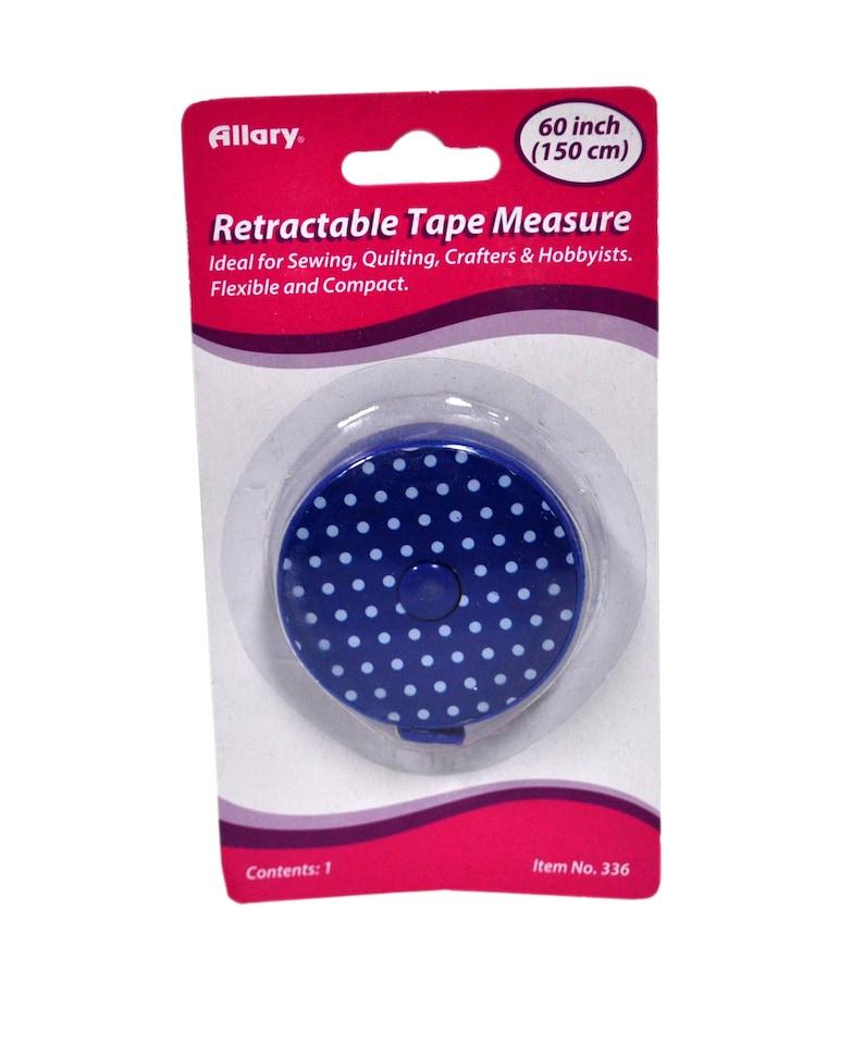 May include: A blue retractable tape measure with white polka dots. It is 60 inches (150 cm) long. The packaging says "Retractable Tape Measure" and "Ideal for Sewing, Quilting, Crafters & Hobbyists. Flexible and Compact."