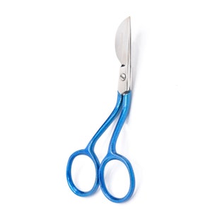 May include: Blue handled scissors with a curved blade. The scissors are made of metal and have a shiny finish.