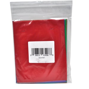 May include: A pack of colourful construction paper. The paper is red, green, blue, purple and yellow. The pack has a barcode and the text "ADS-PTVP1" on it.