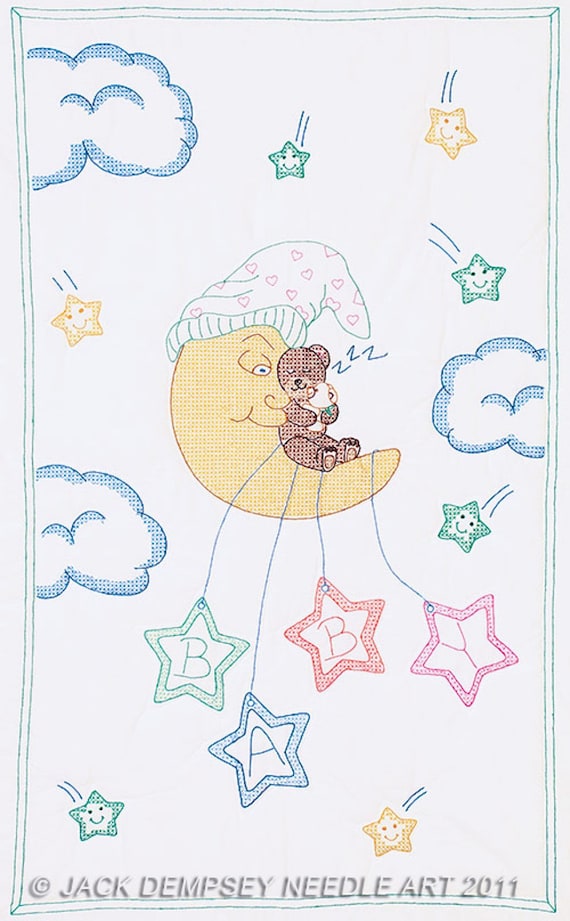 Jack Dempsey Needle Art Crib Quilt Top Bear on the Moon