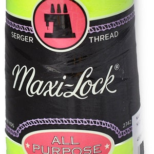 May include: A spool of bright yellow Maxi-Lock All Purpose Spun Polyester thread for serger machines. The spool has a black label with the Maxi-Lock logo and the text "Serger Thread".