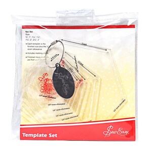May include: An 8-piece clear acrylic hexagon template set for quilting, packaged in a plastic bag. The set includes sizes from 1.9 cm to 7.6 cm, with marked 0.6 cm seam allowances. A black oval tag with the Sew Easy logo is attached.