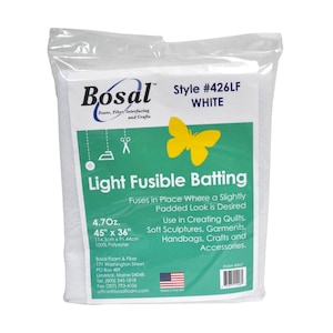 May include: A package of Bosal Light Fusible Batting, style #426LF, in white. The package features a green label with a yellow butterfly and text indicating it's for quilting, soft sculptures, and crafts. The batting measures 45" x 36" and is 100% polyester.