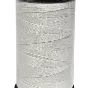 May include: A spool of white thread in a clear plastic container with a black lid.