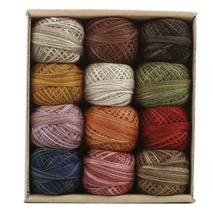 Può includere: Una scatola di 12 piccole matasse di filo da ricamo in vari colori, tra cui beige, marrone, arancione, verde, rosa, rosso, blu e viola.
