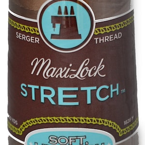 Peut inclure: Une bobine de fil à coudre Maxi-Lock Stretch Serger de couleur marron. L'étiquette indique "Soft Like Yarn, Textured Nylon".