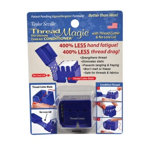May include: Blue plastic thread conditioner with a built-in thread cutter. The product claims to reduce hand fatigue and thread drag by 400%. It also claims to strengthen thread, eliminate static, prevent tangling and fraying, and is safe for threads and fabrics.