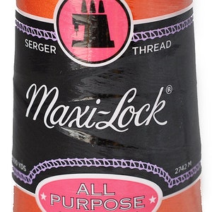 May include: Orange spool of Maxi-Lock serger thread, labelled "All Purpose Spun Polyester" and "2742 m".