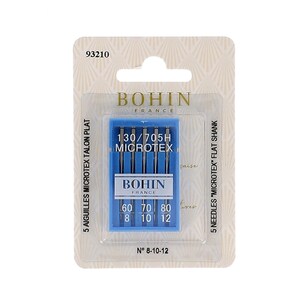 Puede incluir: Un paquete de 5 agujas de máquina de coser Bohin Microtex con vástago plano. Las agujas son de tamaños 8, 10 y 12. El paquete está etiquetado con "130/705H Microtex" y "Bohin France".