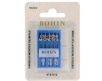 Puede incluir: Un paquete de 5 agujas de máquina de coser Bohin Microtex con vástago plano. Las agujas son de tamaños 8, 10 y 12. El paquete está etiquetado con "130/705H Microtex" y "Bohin France".