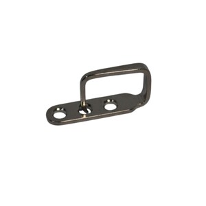 May include: A silver-colored metal bracket with a rectangular loop and three holes. The bracket is designed for mounting or securing objects. The metal has a shiny finish, and the design is simple and functional.