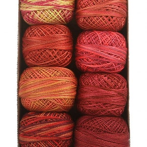 May include: A box of 12 skeins of embroidery floss in shades of red, orange, and brown. The floss is arranged in rows, with each skein wrapped in a different color.