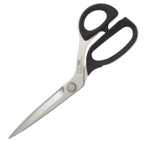 May include: A pair of silver scissors with black handles. The scissors have a curved design and a circular pivot point. The text "KAI 7230" is printed on the blade. The scissors are designed for cutting.