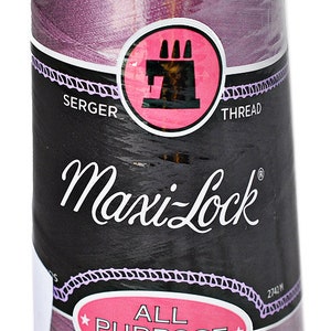 May include: A spool of Maxi-Lock All Purpose Spun Polyester thread in a purple shade. The spool is labelled "Serger Thread" and features a sewing machine icon.