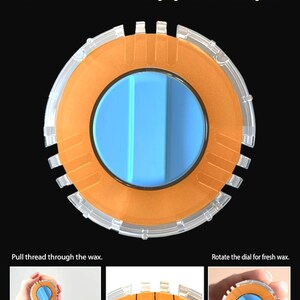 May include: A circular orange and blue Magic Beeswax thread conditioner. The product is designed to condition thread, prevent tangling, and make threading easier. The text "Magic Beeswax" is displayed prominently.